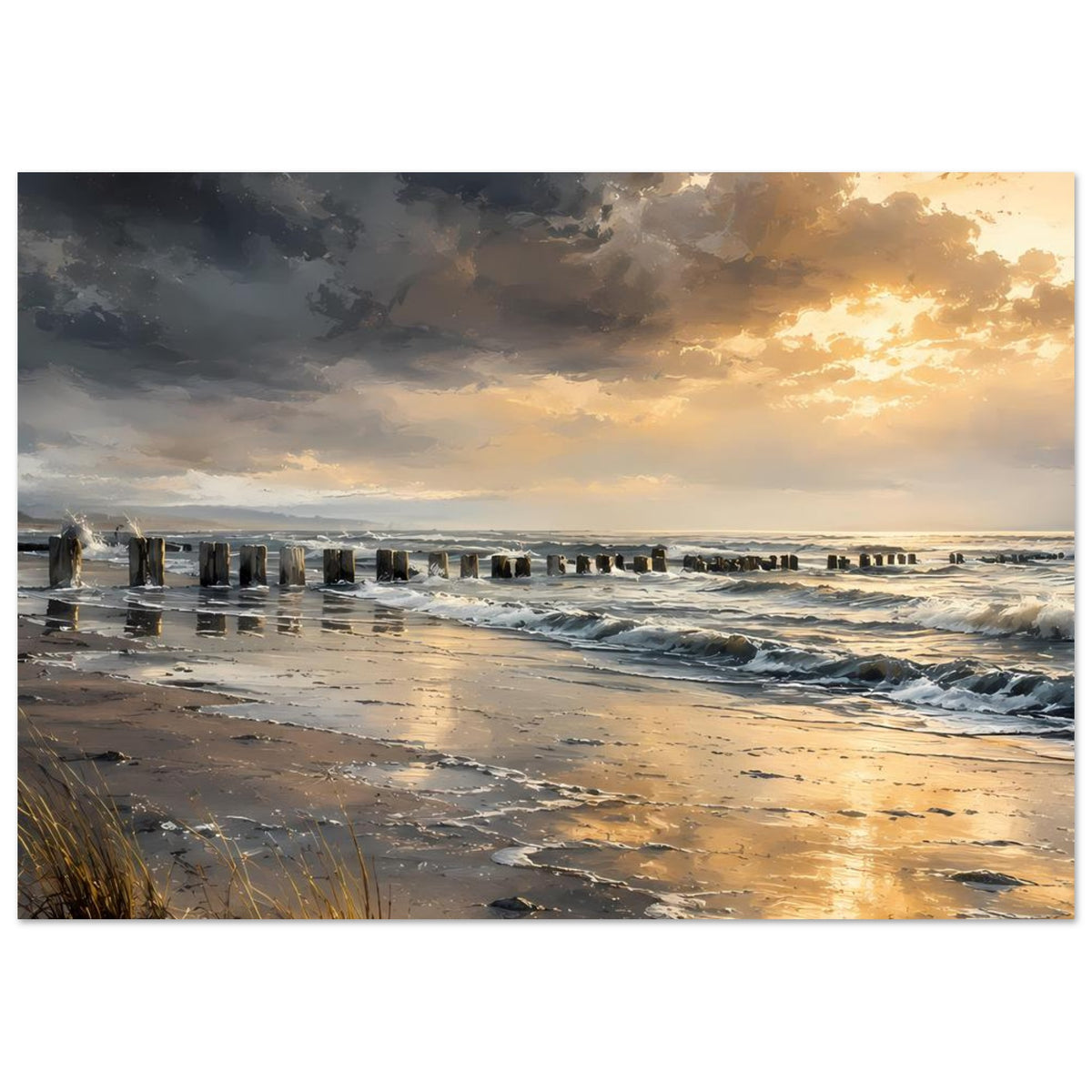 Strandposter mit Sonnenuntergang, nassem Sand, Schaumkronen und Wolkenhimmel