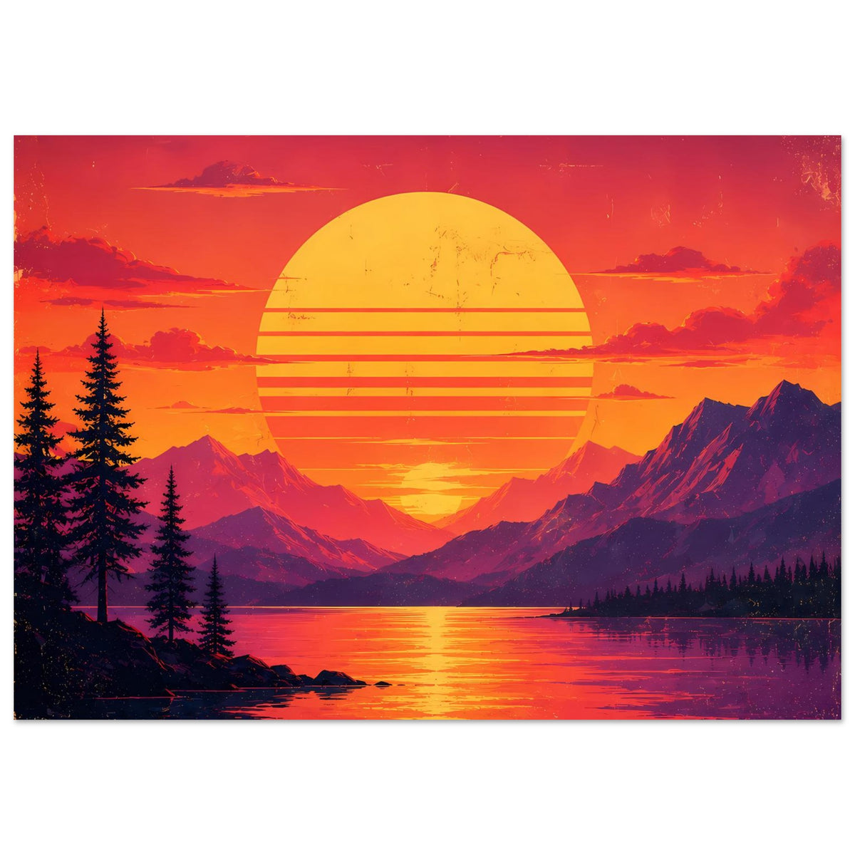 Poster mit Retro-Sonnenuntergang: gelbe Sonne, Bergkette, Tannenwald und ruhiger See