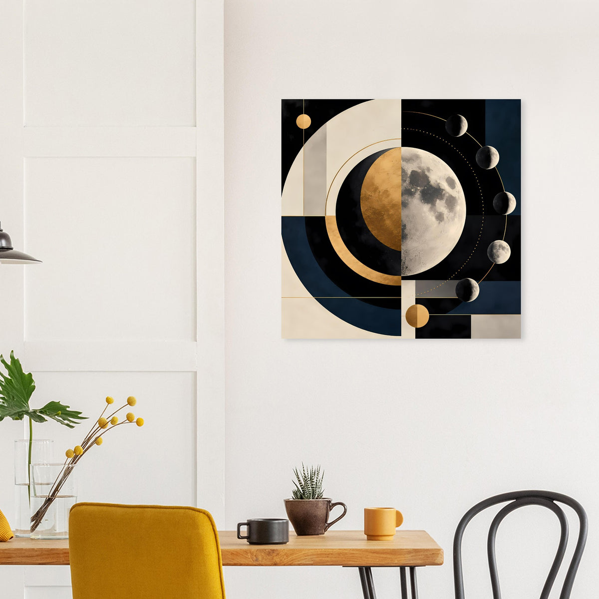 Quadratischer Kunstdruck: abstrakte Mondphasen mit großen Kreisflächen und goldbraunen Akzenten
