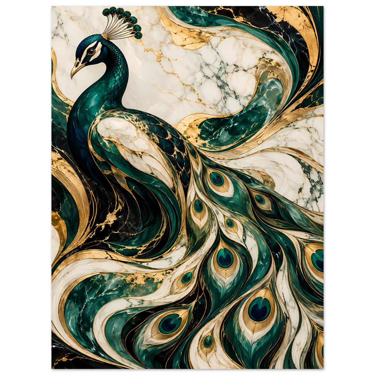 Pfau-Poster mit türkisgrünen Federn, goldenen Akzenten und Pfauenaugen, im Hochformat