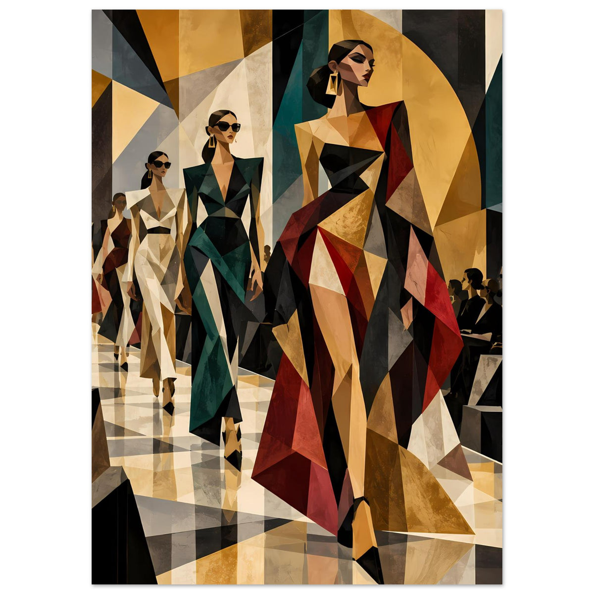 Fashion-Poster mit zentraler Frau im Vintage-Stil und geometrischen Flächen in Juwelenfarben