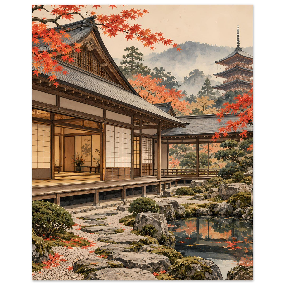 Hochformat-Poster mit japanischem Garten: Holzveranda, Steinweg, Teich und orangefarbenes Laub