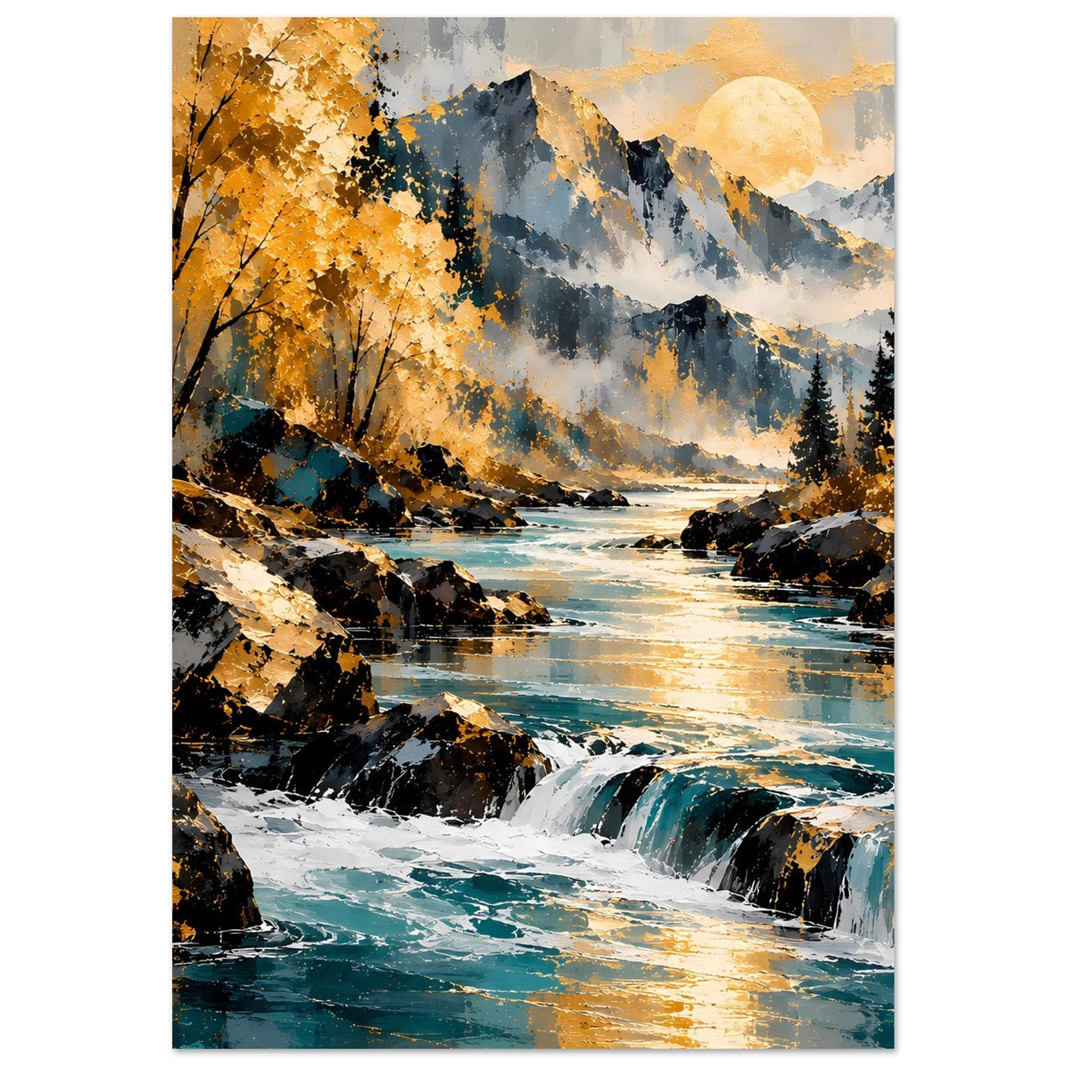 Hochkantposter mit Herbstlandschaft: Felsen, türkisfarbenes Wasser, goldene Bäume