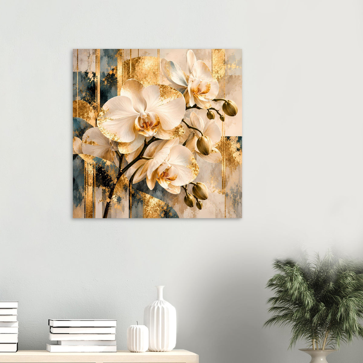 Wandposter mit weißen Orchideenblüten, goldenen Akzenten und klarer Blütenmitte