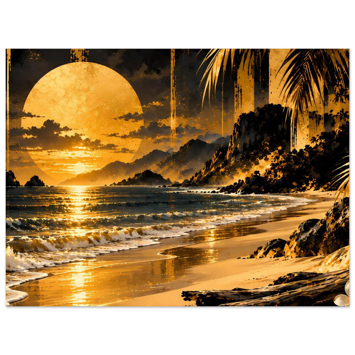 Beach-Sonnenuntergangsposter: Strand bei Sonnenuntergang mit Palmen und felsiger Küste