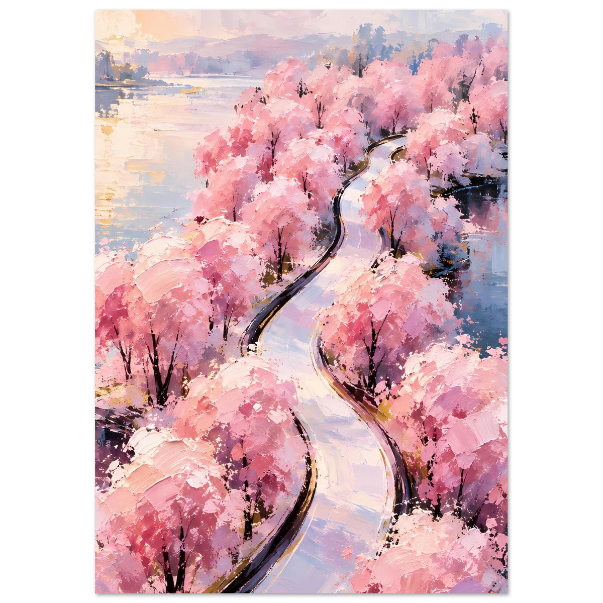 Wandposter mit rosafarbenem Blütenhain und hellem, geschwungenem Weg im Aquarellstil