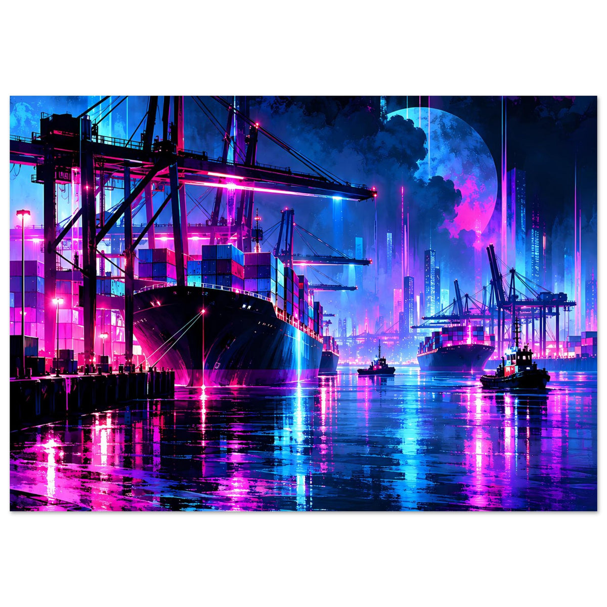 Poster Neon-Hafen-Nachtlandschaft: leuchtende Werft, Brücke, Schiffe im Nebel und Spiegelungen