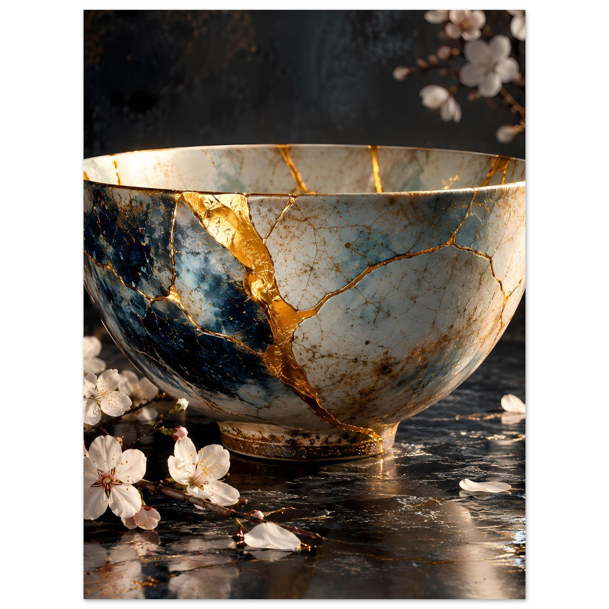 Poster mit Kintsugi-Schale: goldene Naht, blaues Innenteil, weiße Sprungstruktur