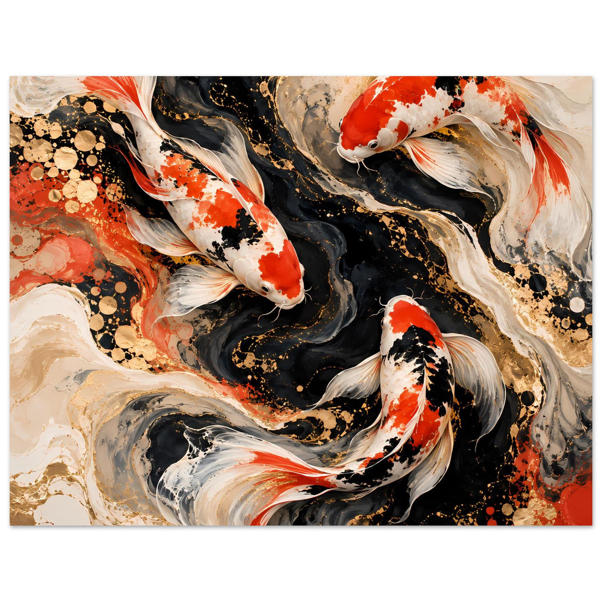 Kunstposter mit Koi-Fischen in Rot, Weiß und Schwarz, abstrakte Farbwirbel