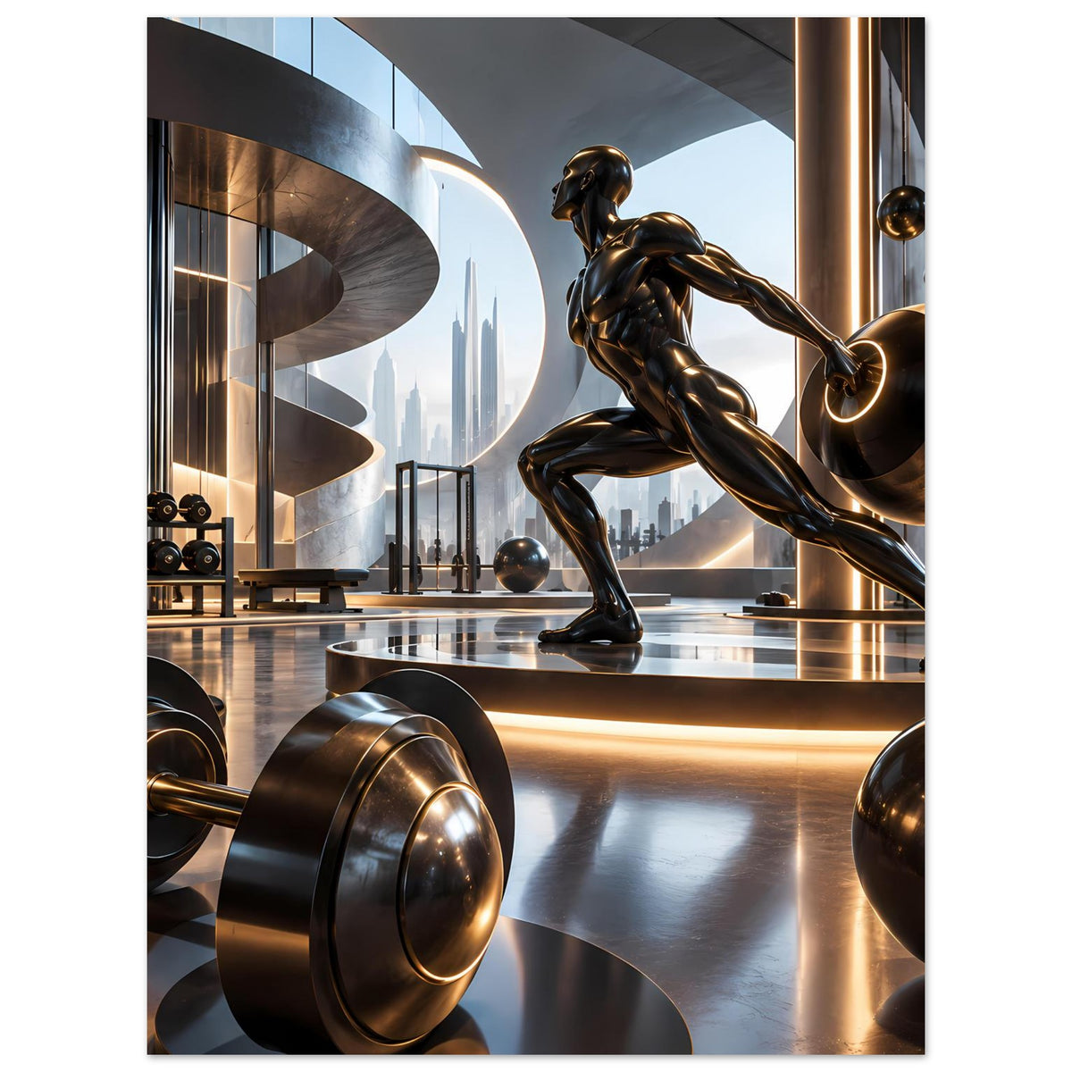 Fitnessposter mit Bronzefigur beim Hantelheben und beleuchteter Fitnesslandschaft