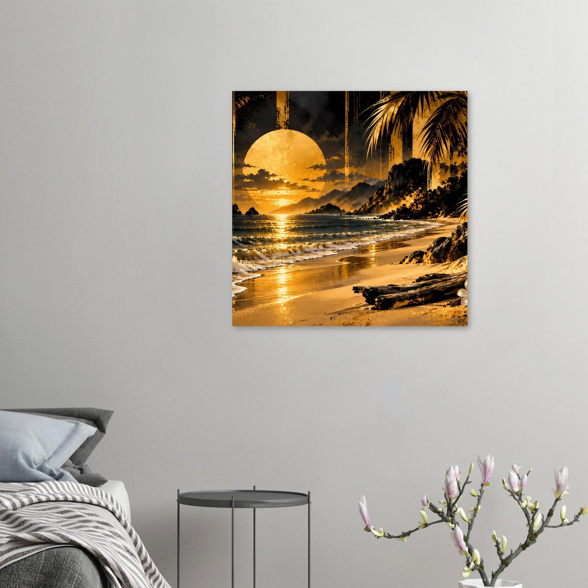 Wandkunst im Querformat: Strandmotiv mit goldenem Lichtkreis, Palmen und Meerblick