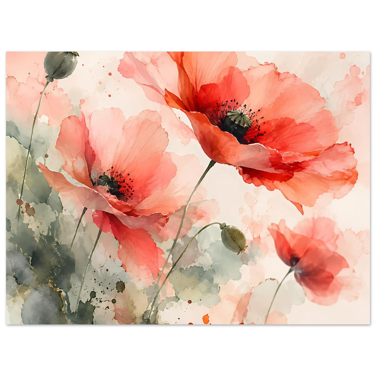 Querformat-Aquarellposter mit korallroten Mohnblumen und grünen Blättern im Aquarellstil
