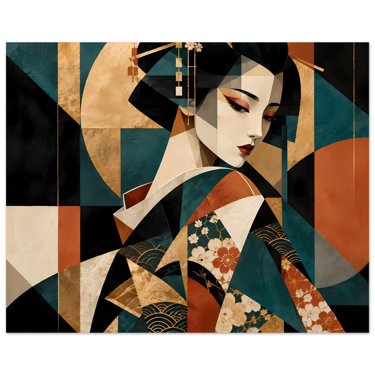 Kunstposter im Querformat mit Geisha-Profil, Kimono mit Blumenmuster und Wellen in Türkis und Rot