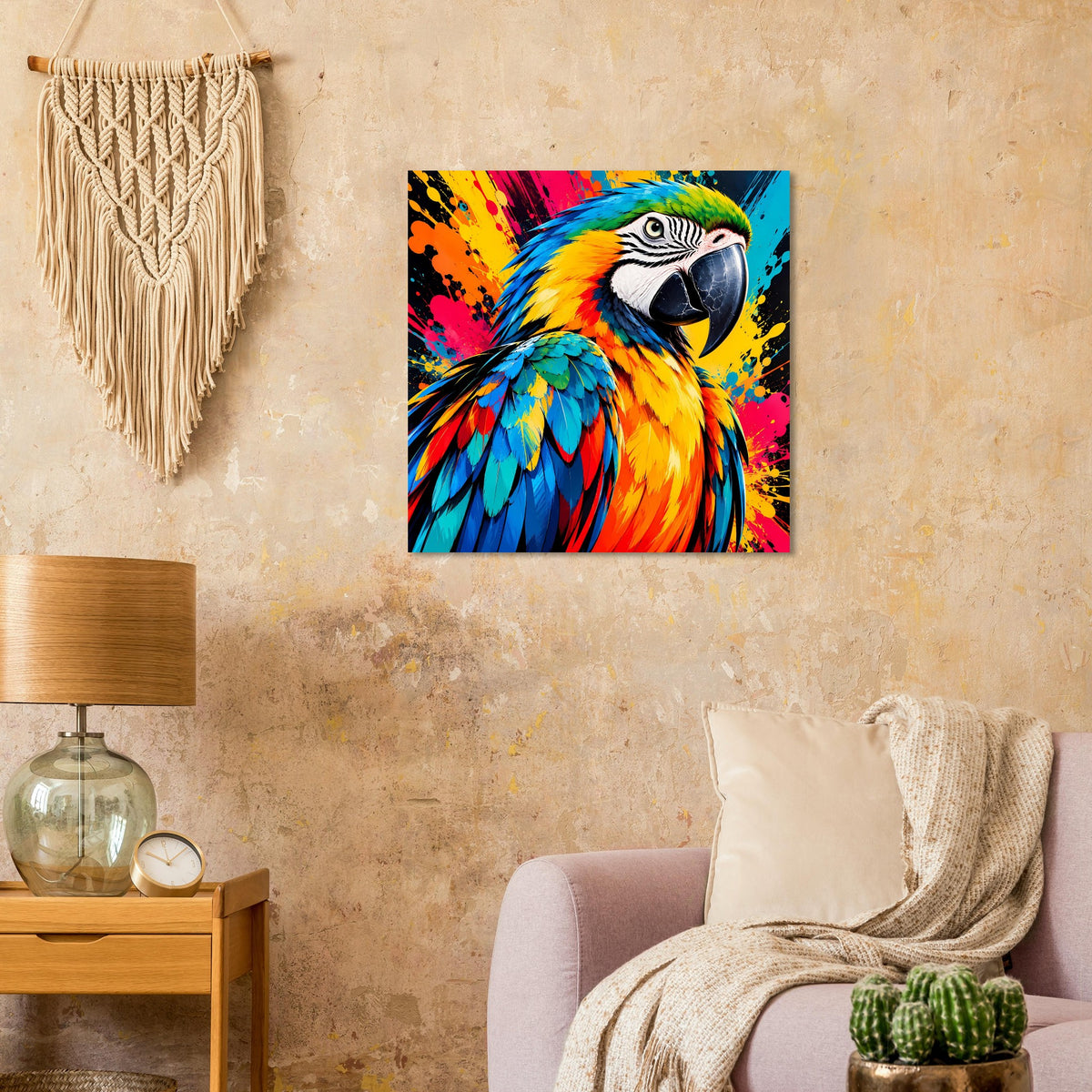 Papageien-Splash-Art-Poster mit kräftigen Spritzfarben und Flügeln