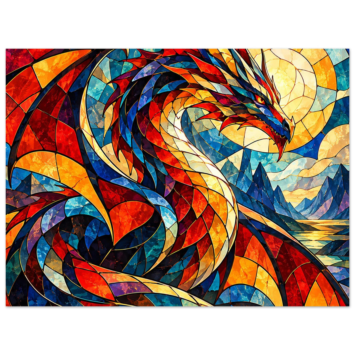 Drachen-Glasmalerei-Poster: große Drachenflügel, farbige Glasreihen in Blau und Rot