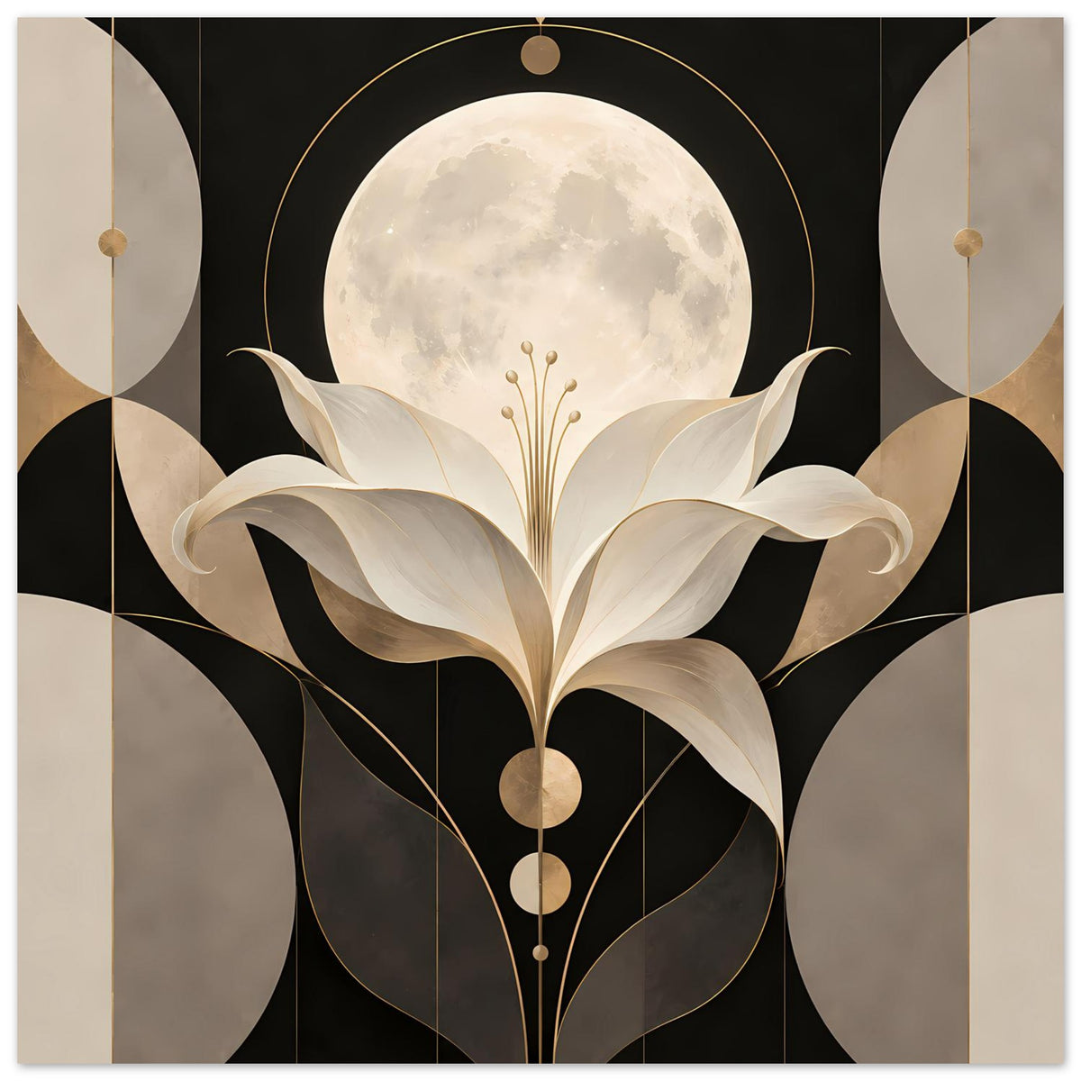 Art-déco-Poster mit cremefarbener Lilie vor Mond und goldenen Linien