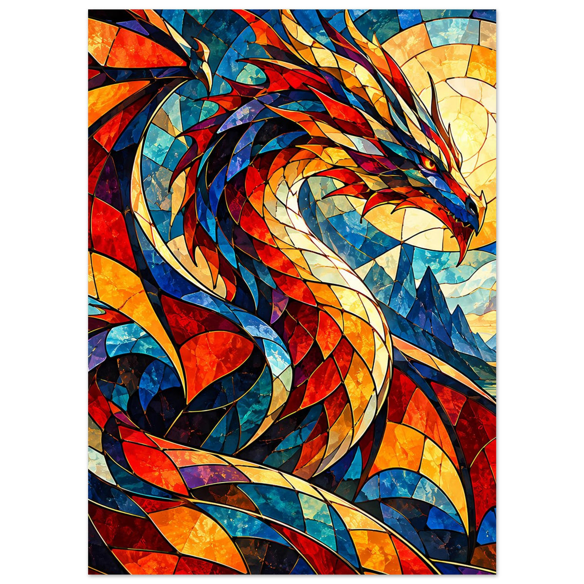 Drachen-Glasmalerei-Poster mit naher Drachenansicht und bunten Glasflächen