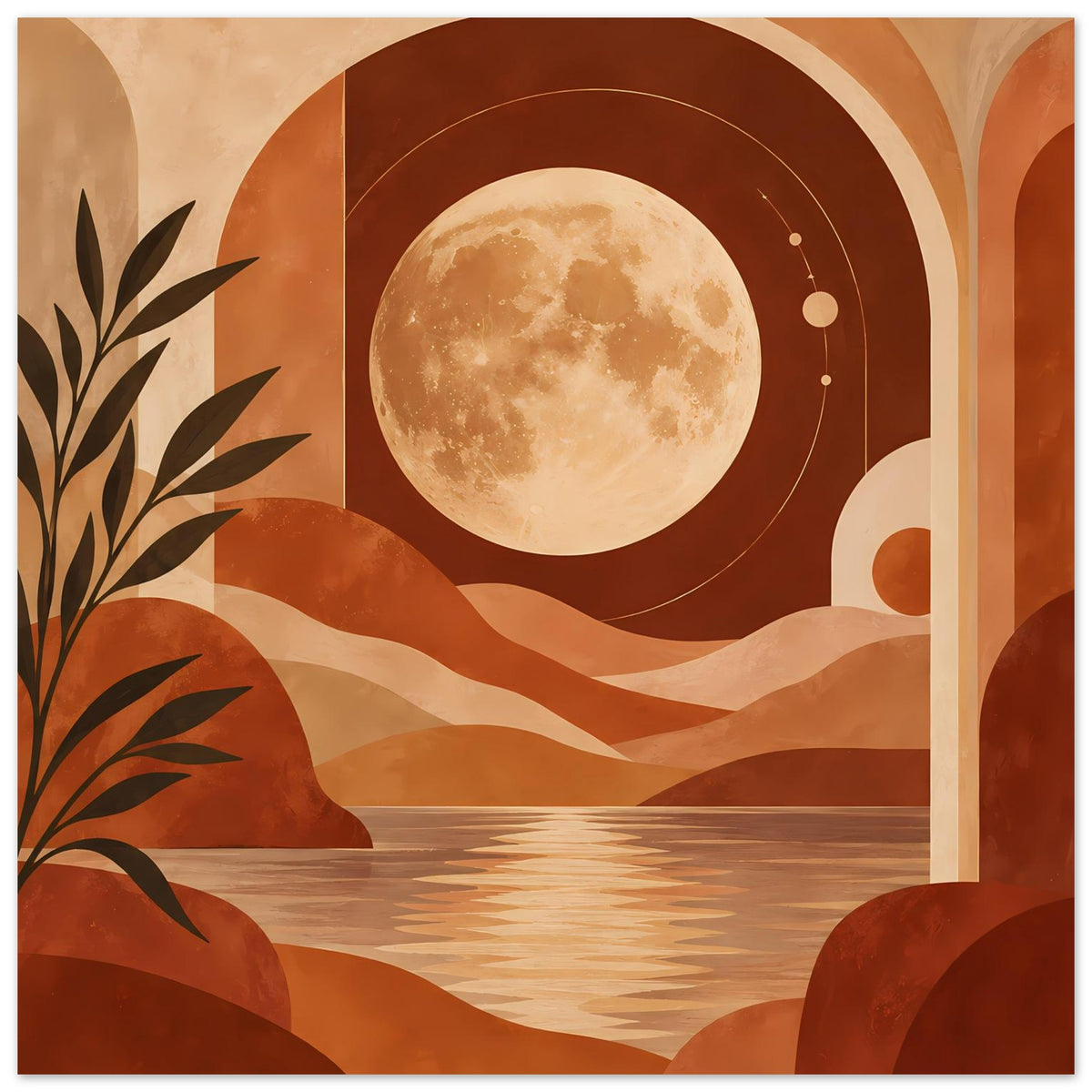 Boho-Poster mit Vollmond, Wüstenlandschaft, Bögen, Dünen und Terrakottafarben