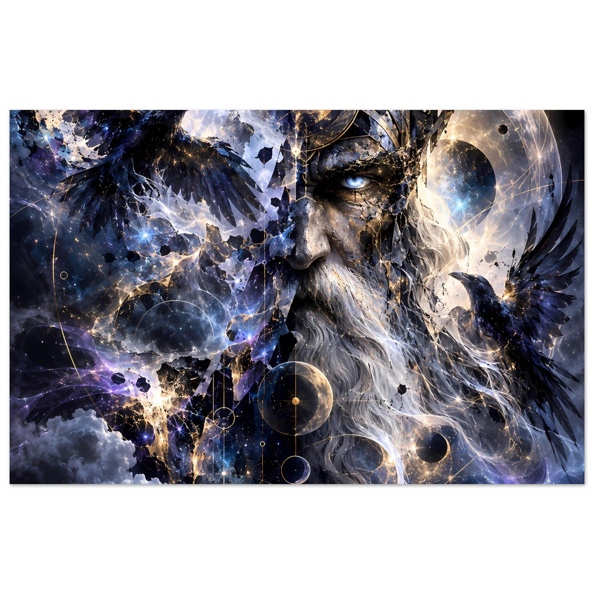 Fantasy-Poster im Querformat mit weißbärtigem König, Krone, Krähe und leuchtendem Allhimmel
