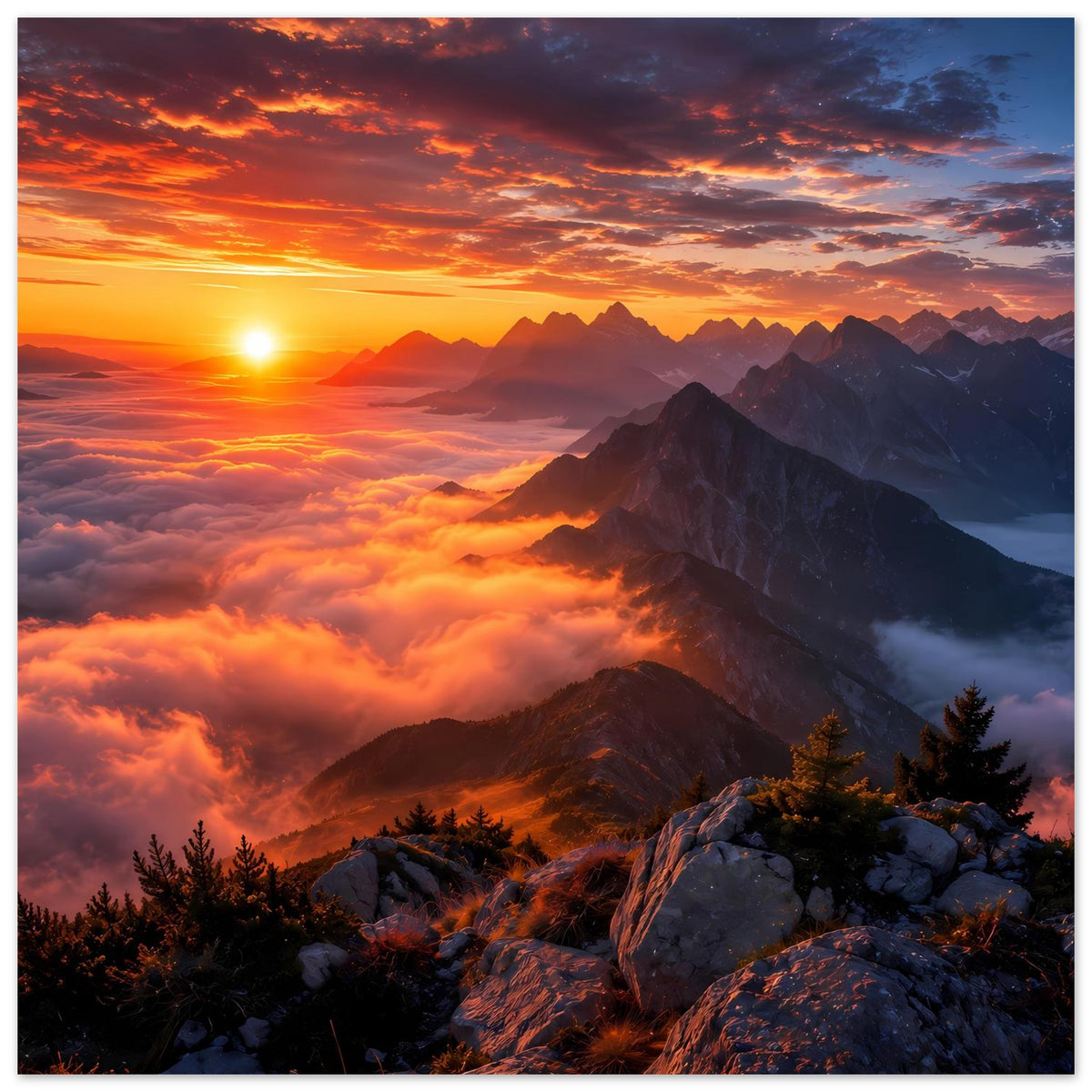 Wandposter im Querformat mit Bergpanorama, Sonne links am Horizont, orangefarbene Wolken, Felsen.