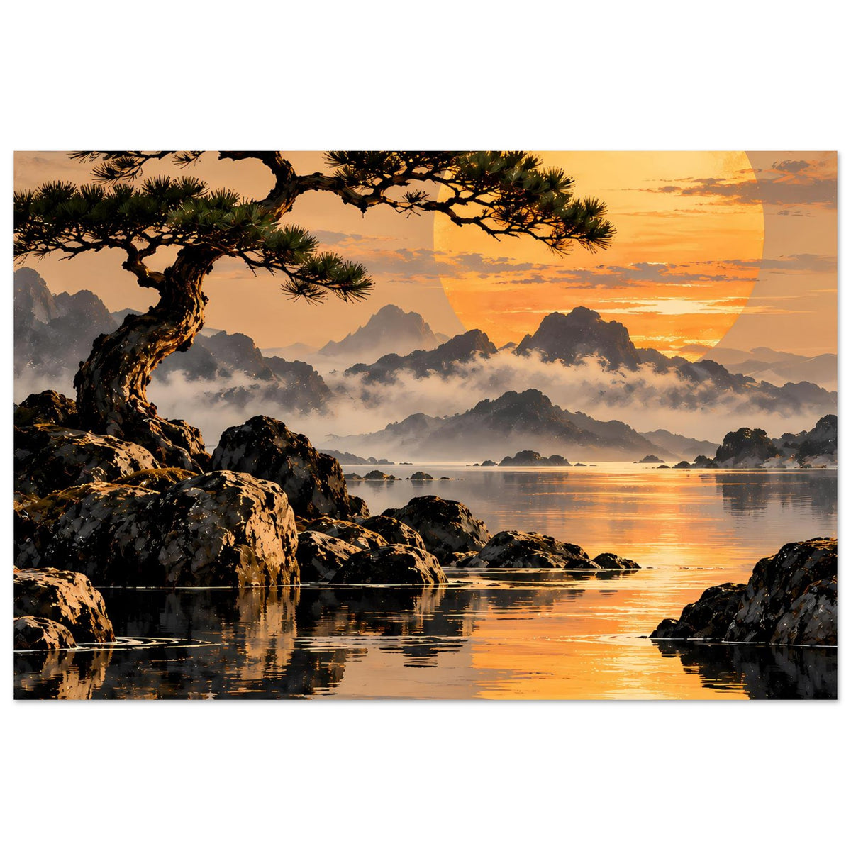 Horizontales Landschafts-Poster mit Felsküste, spiegelndem Wasser, Pinienast und warmem Abendhimmel