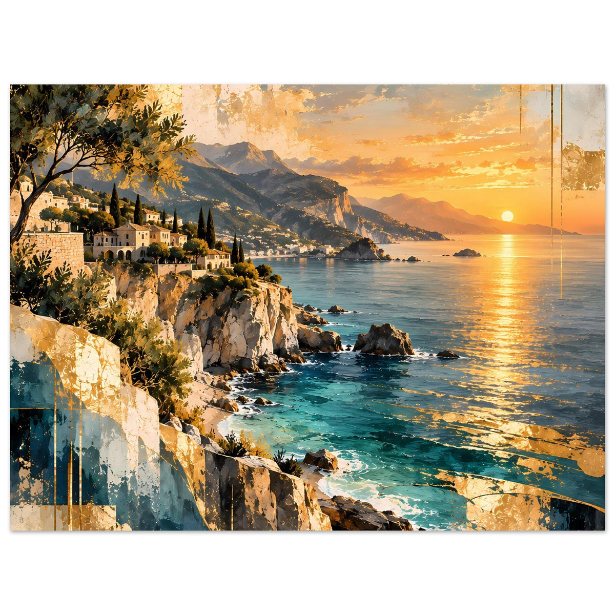 Poster mit Küstenlinie, Felsen und türkisfarbenem Wasser bei goldenem Licht