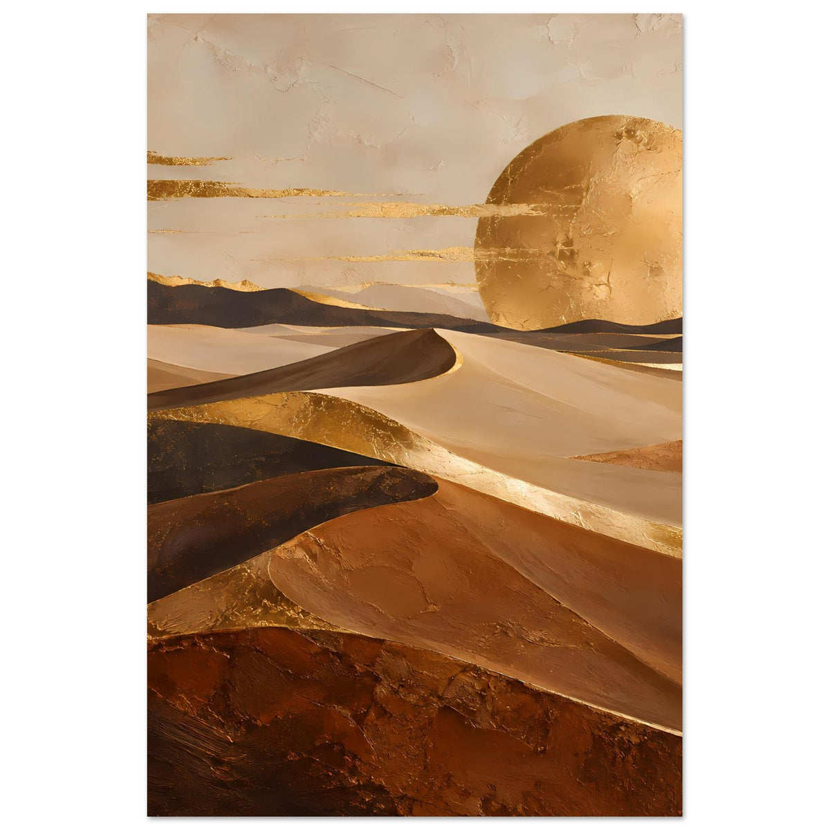 Vertikales Poster mit goldener Wüstenlandschaft, großer gelber Sonne, Dünen und Felsen
