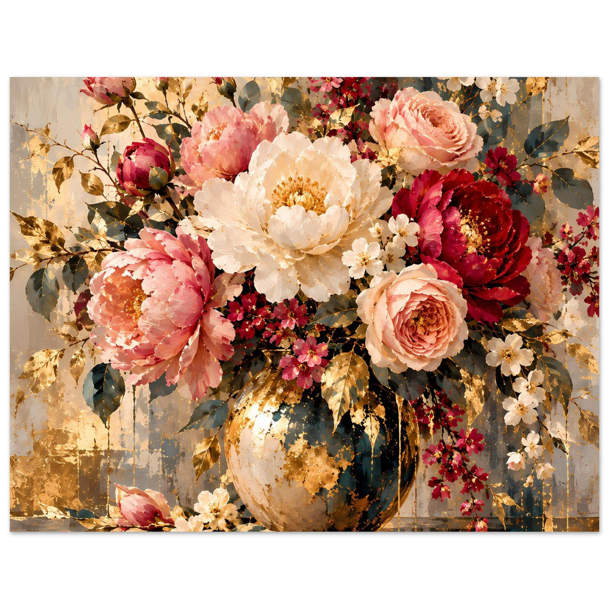Blumenposter im Querformat mit Pfingstrosen in Vase, kräftigen Rot- und Rosatönen