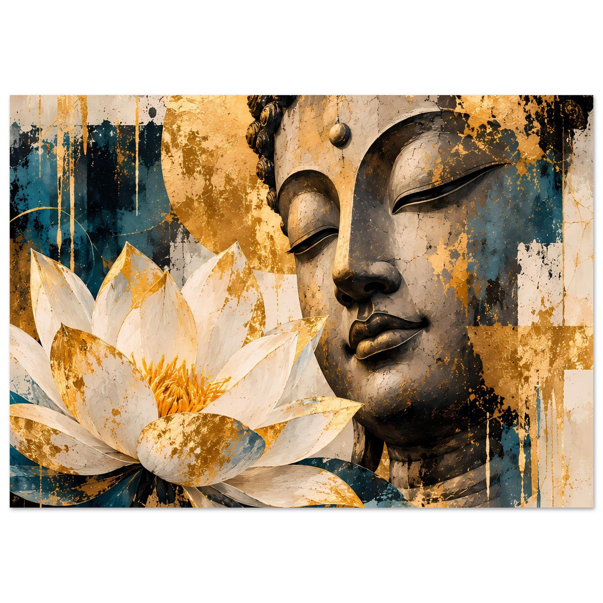 Buddha-Poster im Querformat, Lotusblüte und Buddha-Profil, goldene Spritzer und türkisfarbene Streaks.