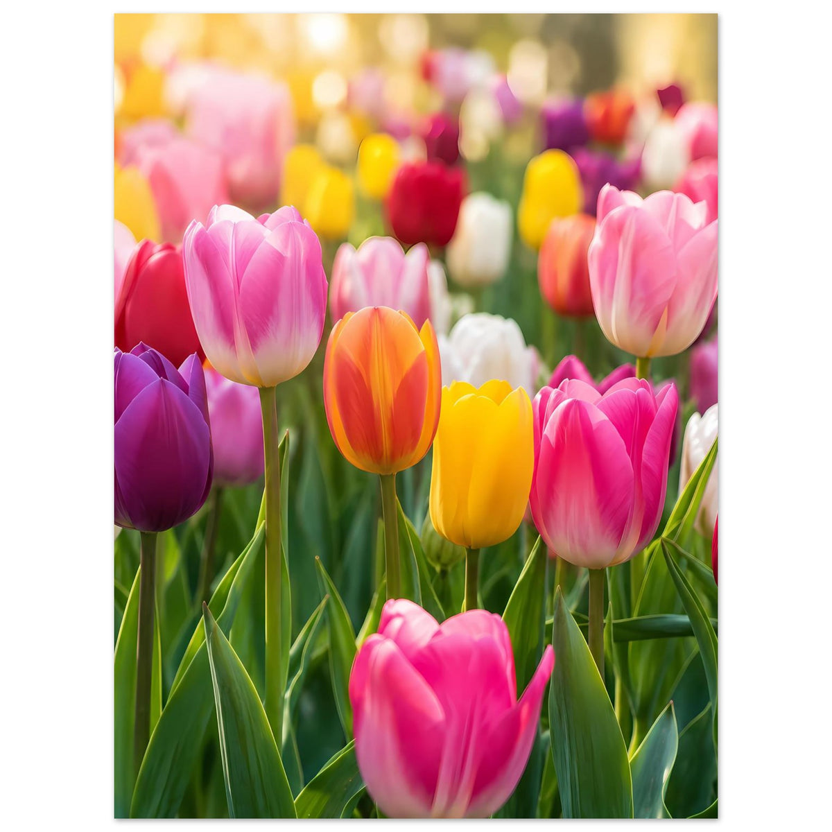 Tulpen-Blumenposter im Hochformat: pinke, violette und orangefarbene Tulpen auf Grün