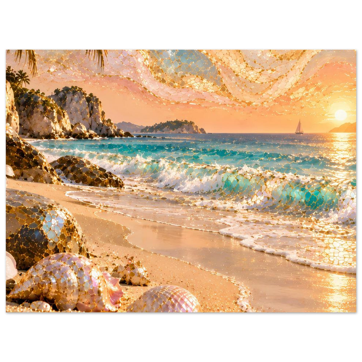 Strandposter im Hochformat: Muscheln und Wellen, goldene Funken im Motiv, untergehende Sonne