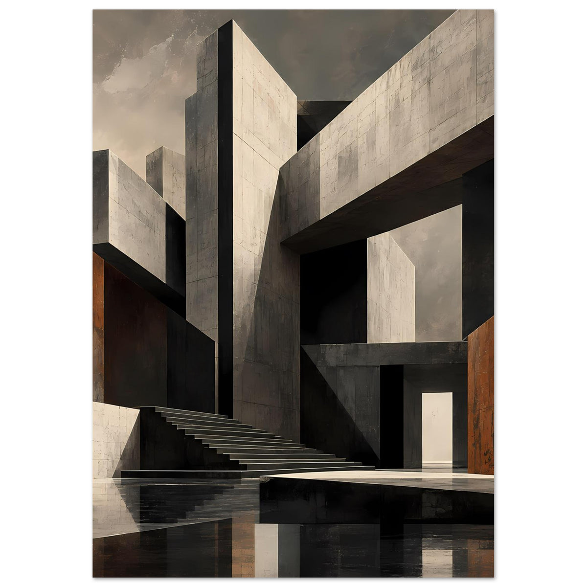 Gerahmtes Architekturposter mit Treppe und hohen Quadern, Schwarz‑Weiß, Rostbraun