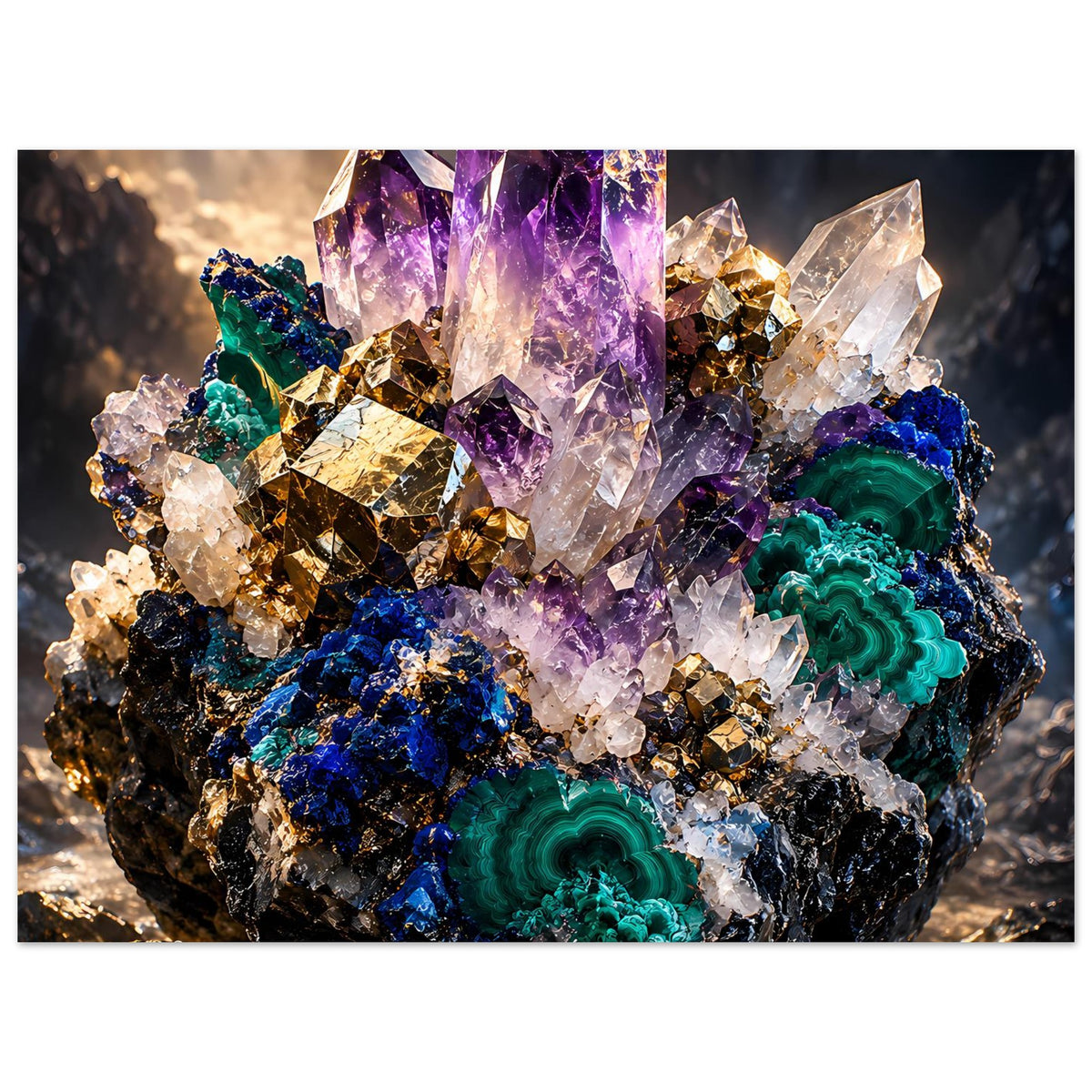 Kristallposter im Querformat mit violetten Kristallen, grünen Bändern und goldenen Flächen