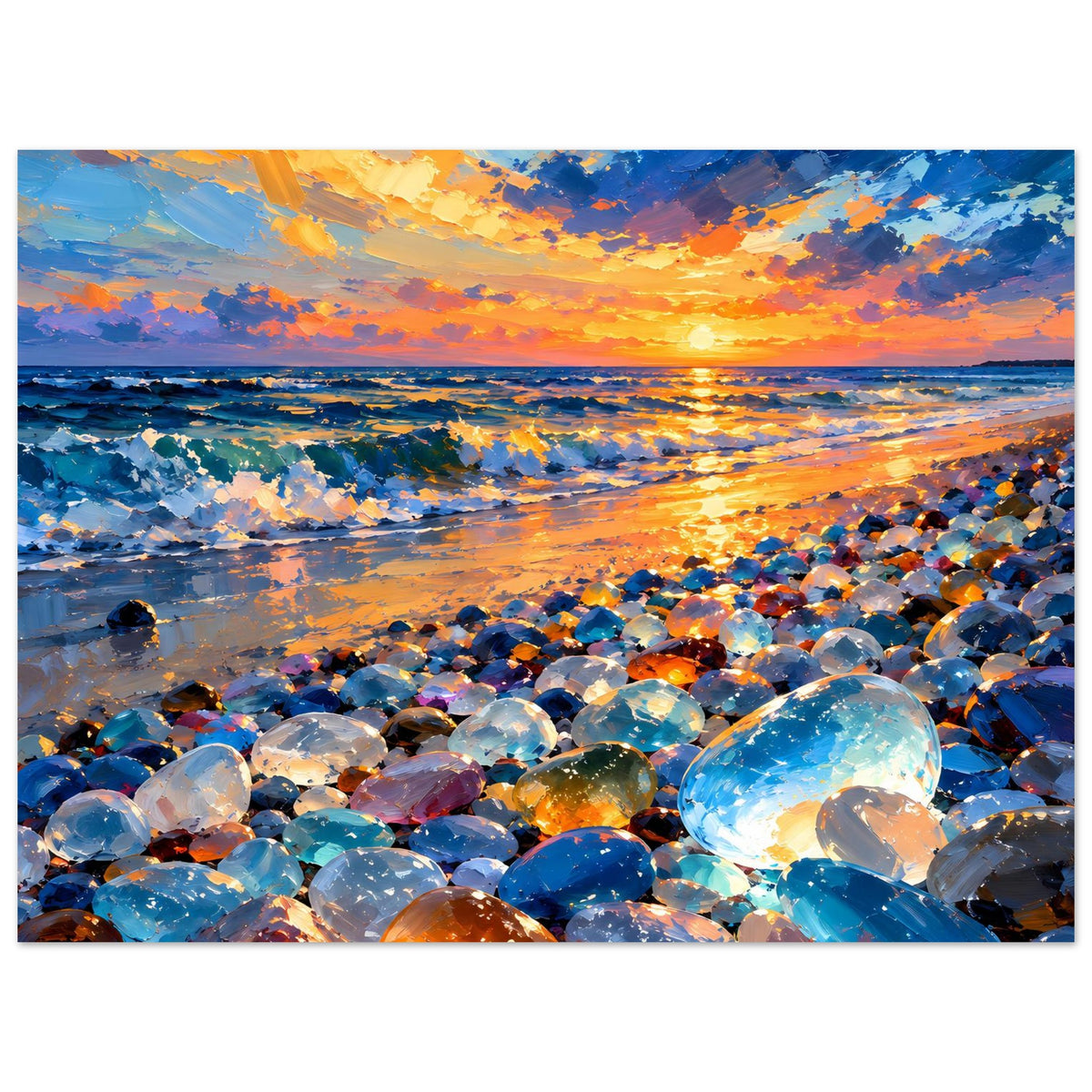 Meerstrand-Poster mit goldenem Licht am Horizont und schimmernden Glassteinen