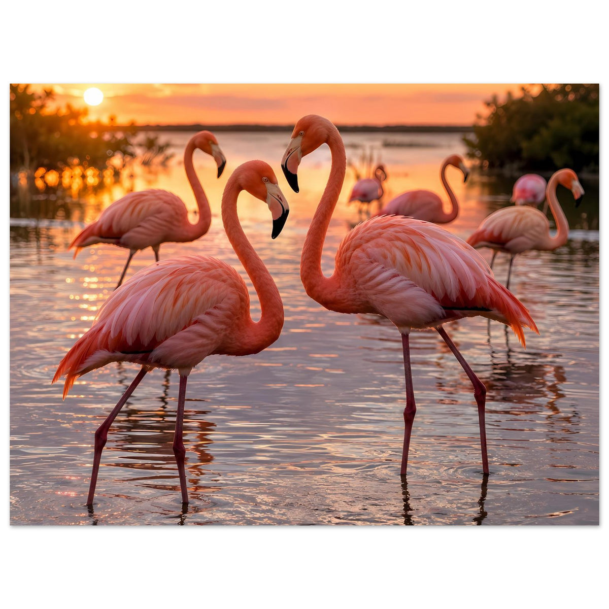 Flamingo-Poster mit rosafarbenen Flamingos am Ufer, warmes Licht am Himmel