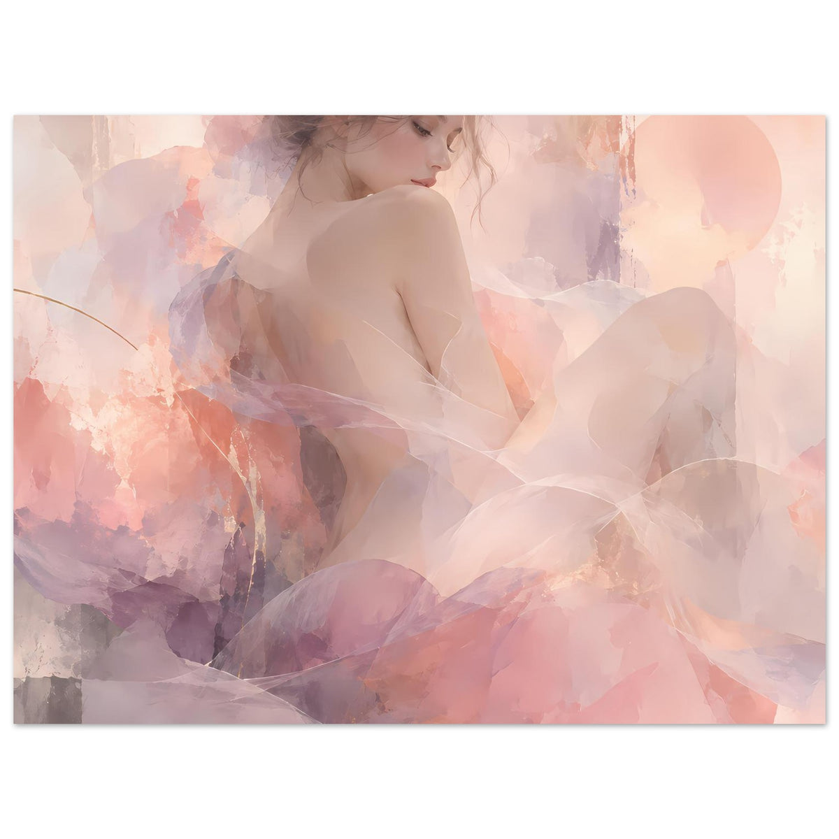 Horizontales Poster mit Frauenporträt in Aquarelloptik, helle Pastell-Blush und Lila