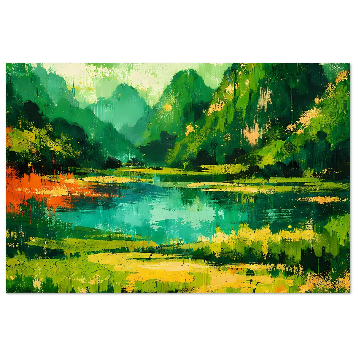 Abstraktes Landschafts-Portrait mit grünen Hügeln, türkisblauem Wasser und gelben Sprenkeln.