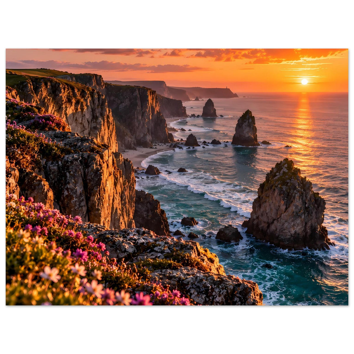 Querformat-Poster mit Küstenfelsen, Meerwellen und Sonnenuntergang, sonniger Horizont.