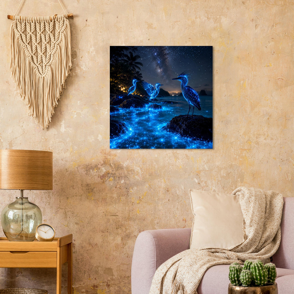 Poster mit blauen, leuchtenden Nachtvögeln; reflektierendes Leuchten im Wasser