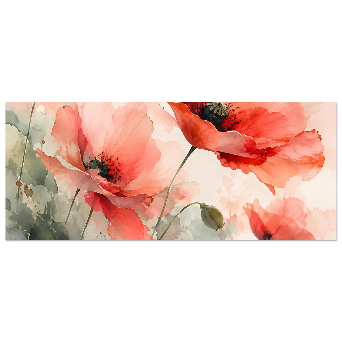 Panorama-Aquarellposter mit Mohnblumen in Korallrosa, grüne Blätter und Knospen