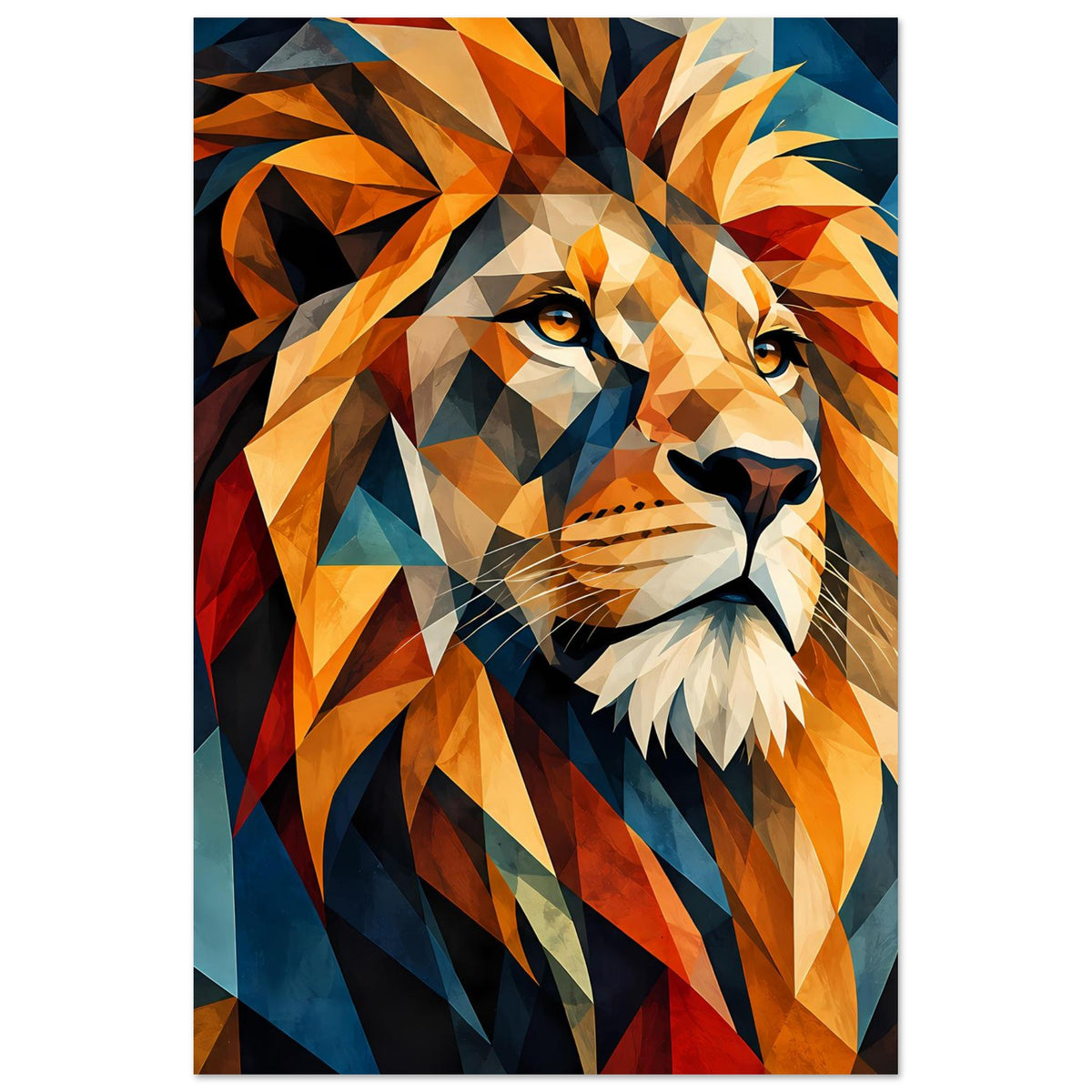 Geometrisches Löwenposter im Hochformat mit Löwenkopf, orange Mähne und blaue Facetten