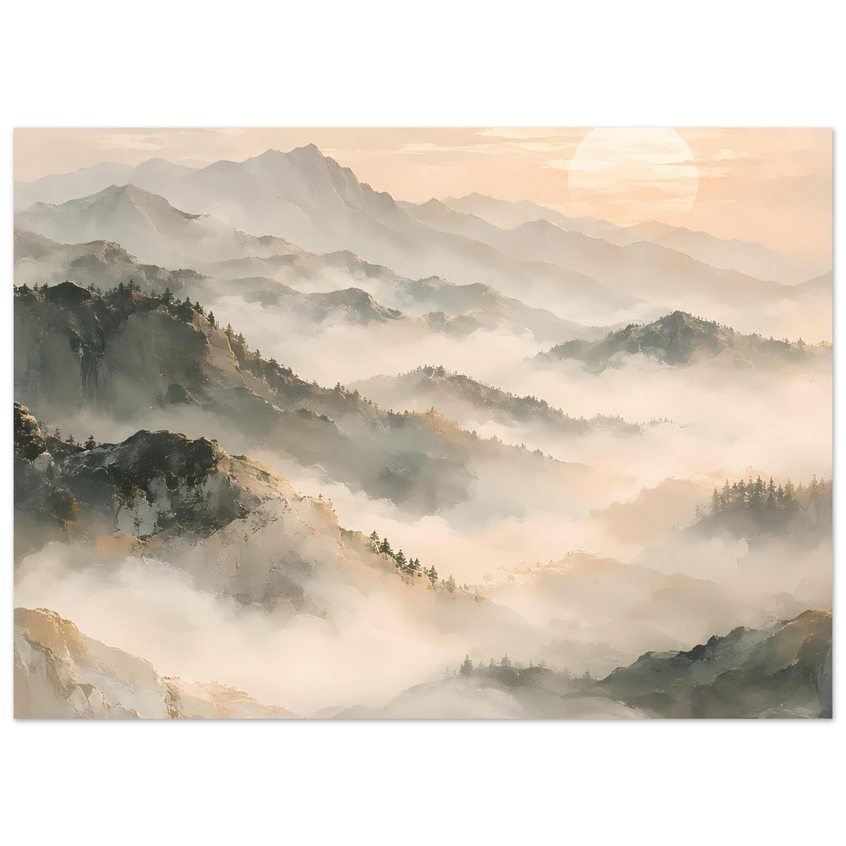 Poster mit weicher Berglandschaft im Morgennebel, matte Oberfläche, Querformat.