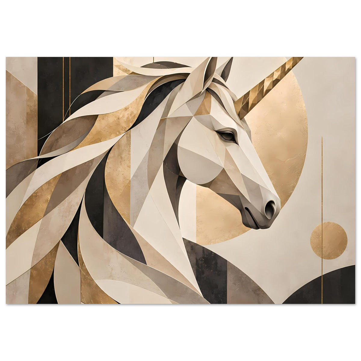 Poster mit Einhorn-Porträt, geometrisch facettiert, schwarz-grau-beige Töne