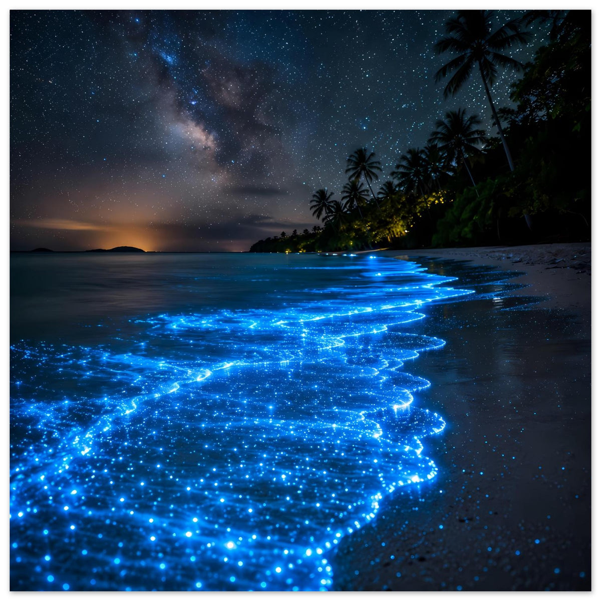 Strandposter mit blau leuchtenden Wellen, Biolumineszenz am Nachthimmel