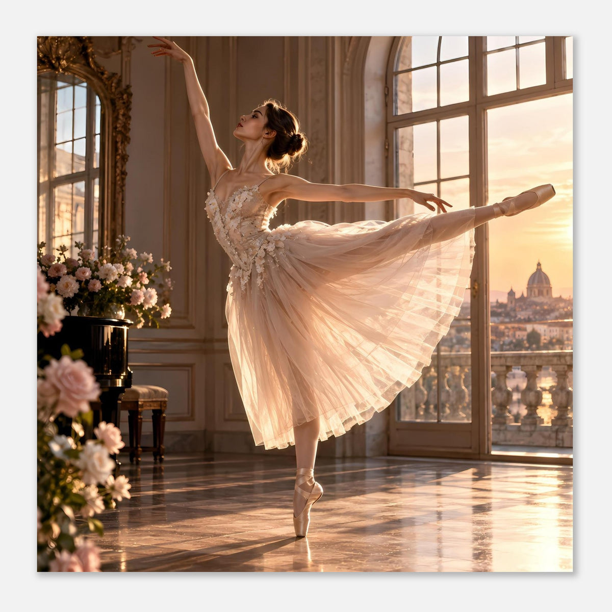 Poster im Nahbereich: Ballerina im weißen Tüllkleid, erhobene Arme, warmes Fensterlicht