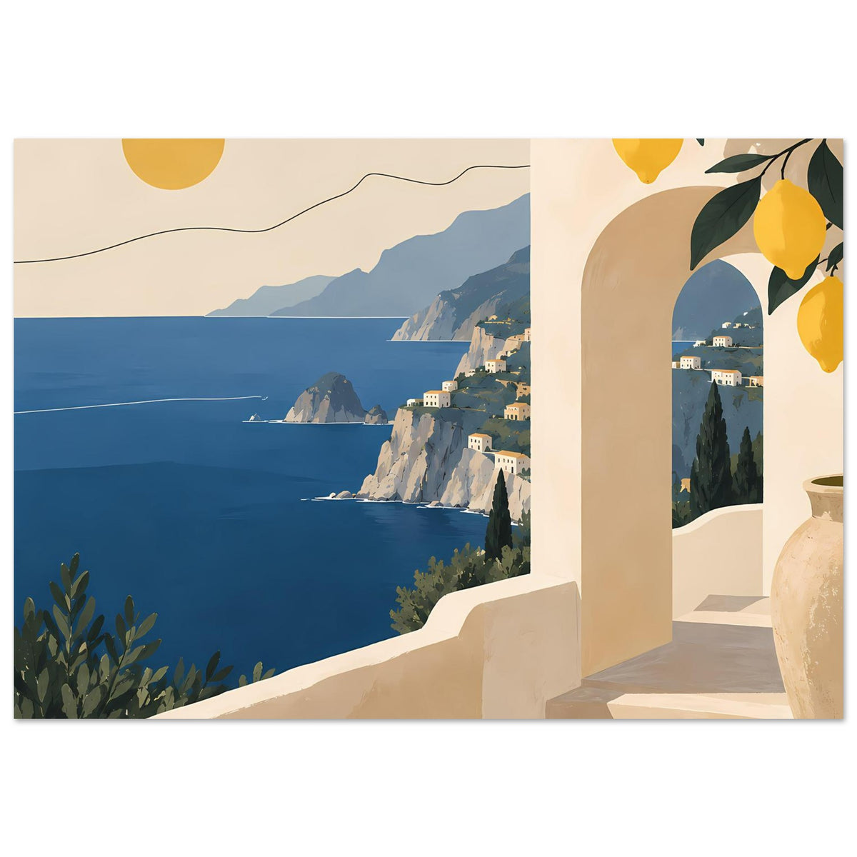 Mediterranes Landschaftsposter mit Küstenpanorama, Balkonbogen rechts und Zitronenmotiv