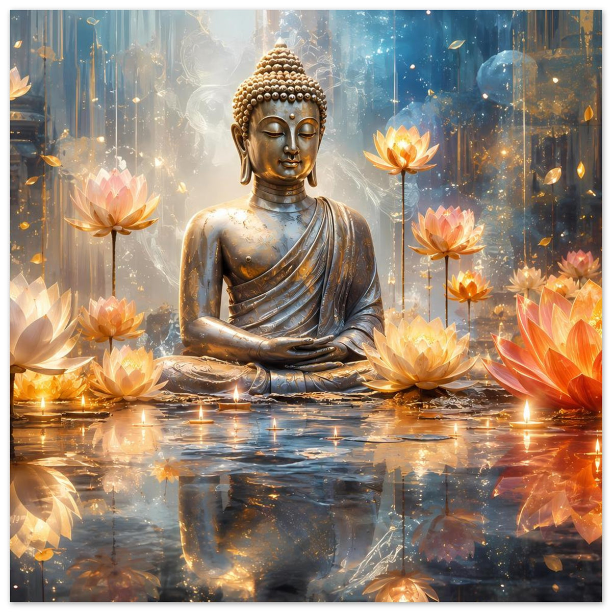 Zen-Serenity-Poster quadratisch: goldener Buddha im Sitz, leuchtende Lotusblüten und Lichtpunkte