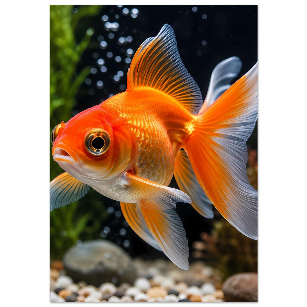 Vertikales Poster: orangefarbener Goldfisch mit geöffneten Flossen und glänzendem Auge