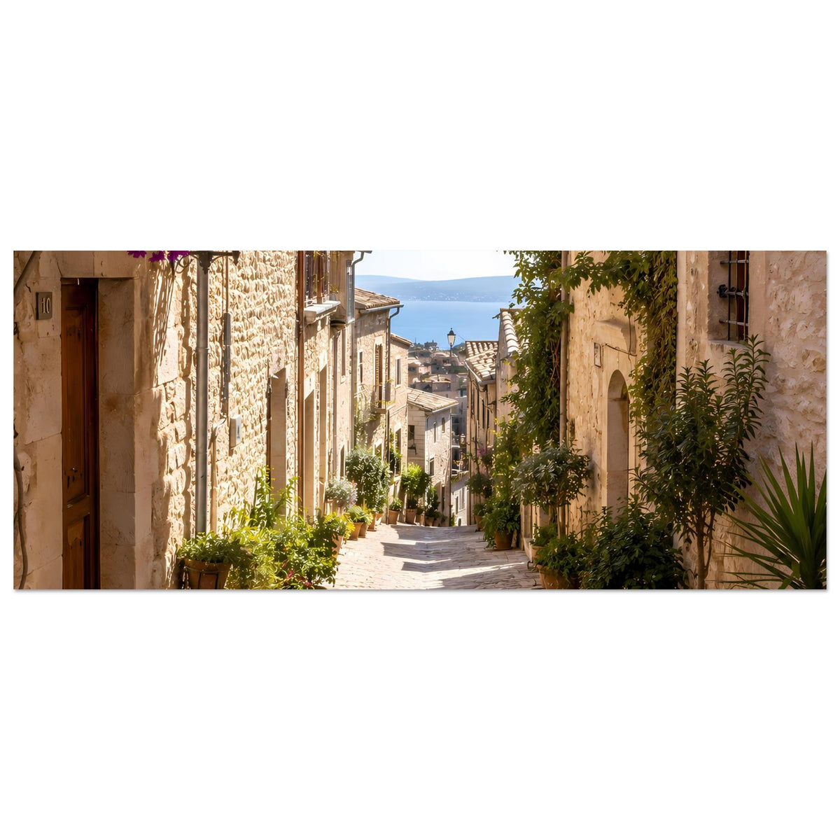 Breitformat-Poster auf matter Papier: mediterrane Gasse mit Steinweg und Pflanzkübeln