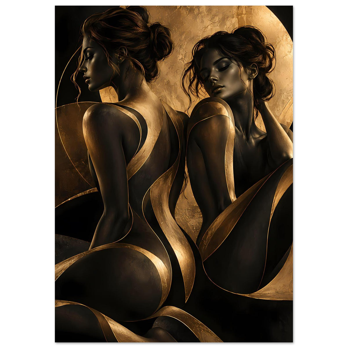 Kunstposter mit zwei Frauensilhouetten in Schwarz und Gold, enger Bildausschnitt
